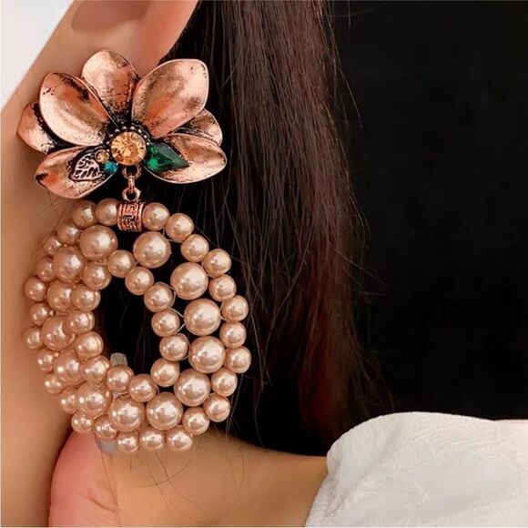 Bohemian rose gold pearl earrings M46 - Picture 1 of 4